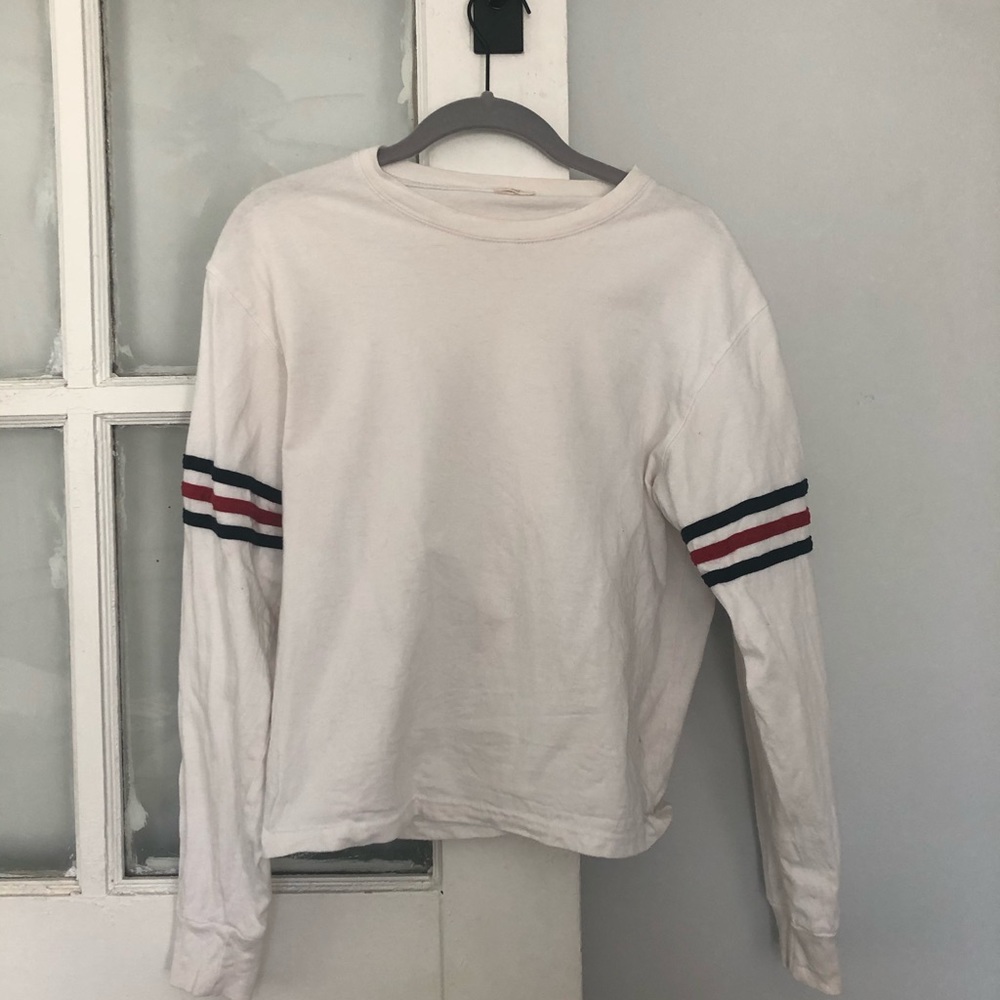 Long Sleeve White Tee with Red and Blue stripes